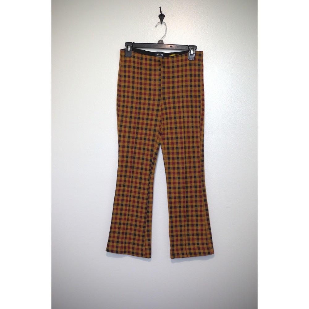 Maeve Anthropologie Plaid Check Flare Pants Mustard Yellow Burgundy XS